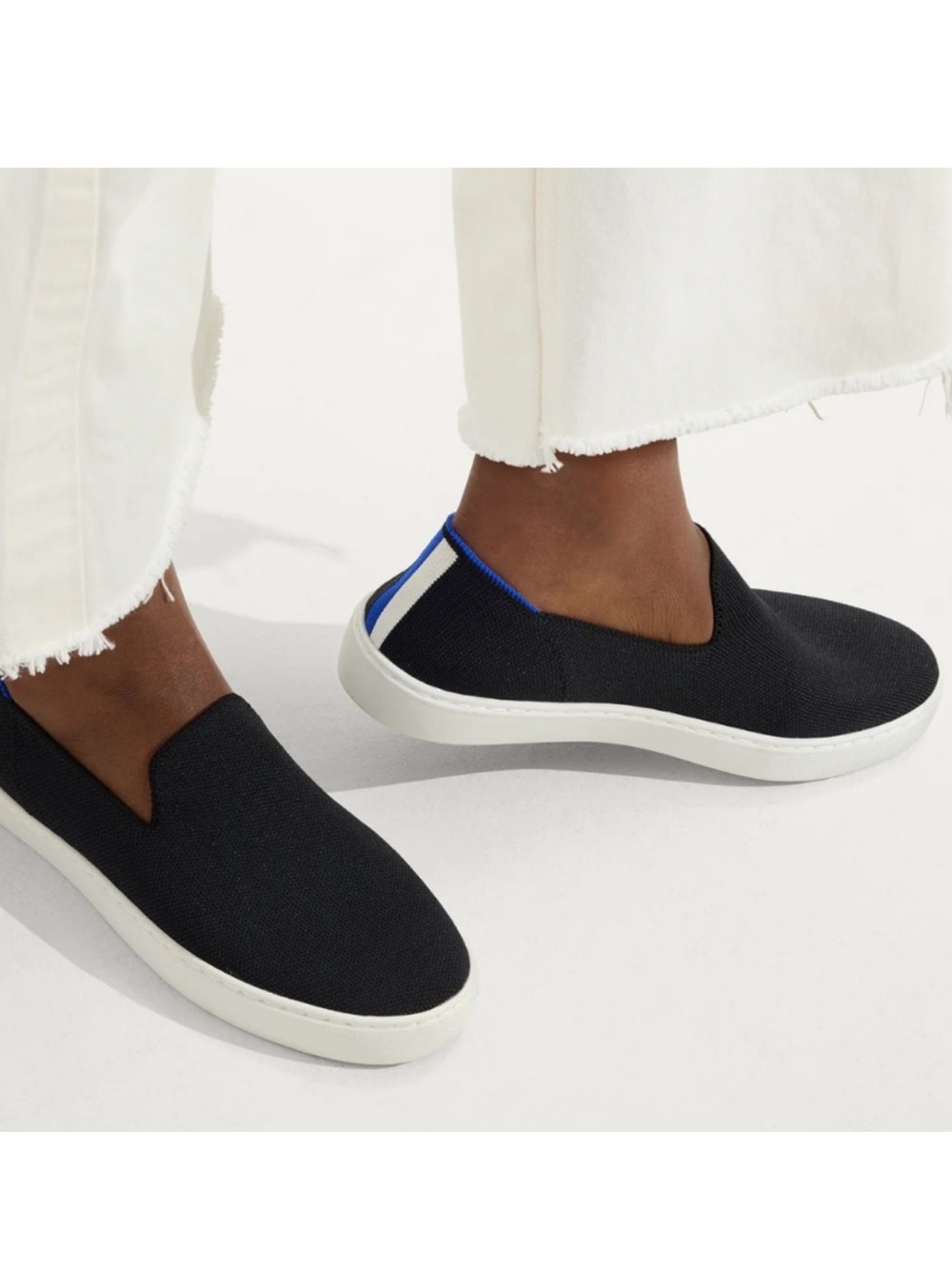 Rothy's Black Slip-On Sneakers with Blue Heel Trim 8